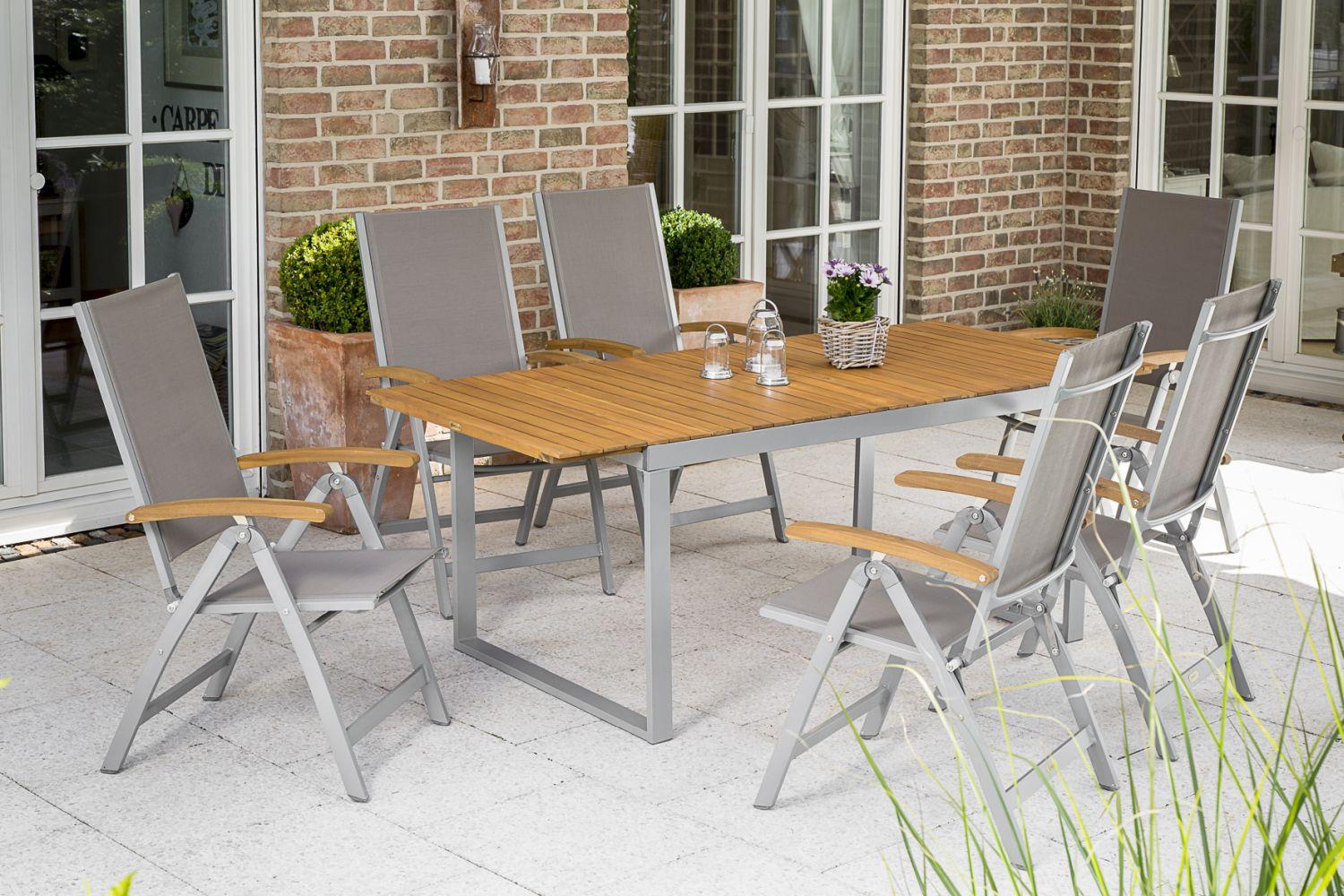 Gartengarnitur 7--Teilig. Naxos Akazie/Aluminium - Silberfarben/Grau, ROMANTIK / LANDHAUS, Holz/Textil - Gardenson