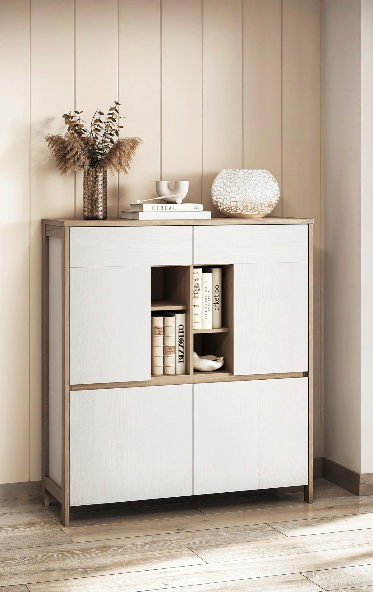 Highboard Stranda Weiß/Eiche B: 111cm - Eichefarben/Weiß, Design, Holzwerkstoff (111/125/39cm) - MID.YOU