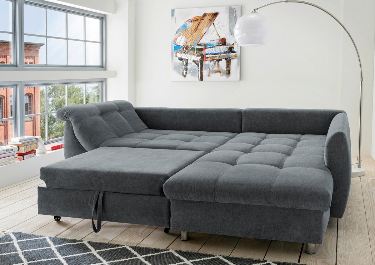 Ecksofa mit Schlaffunktion Agira Anthrazit/Blau 250x190cm - Blau/Chromfarben, Design, Textil (250/190cm) - Livetastic