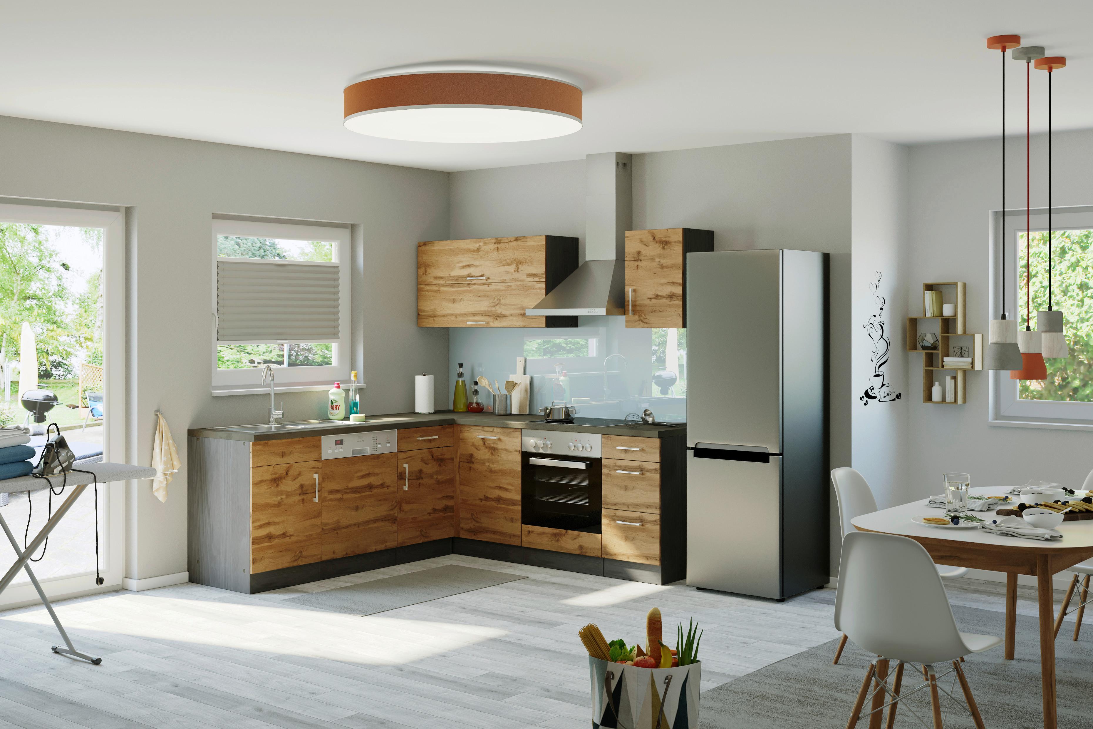 Eckküche Winkelblock Mit Geräten 210x150 cm Eichefarben - Schieferfarben/Eiche Wotan, MODERN, Holzwerkstoff (210/210cm) - Held