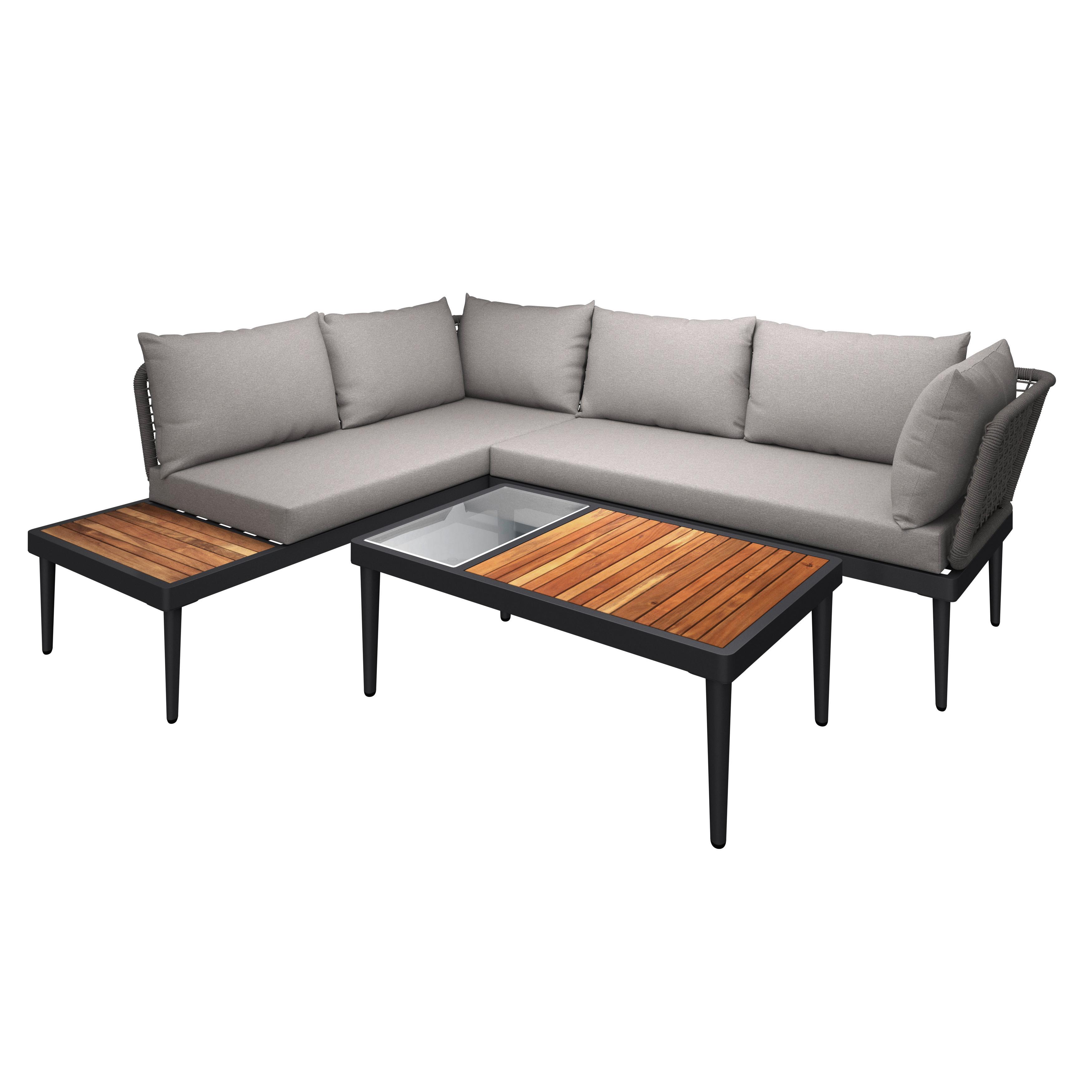 Loungegarnitur 3-Tlg. Basel aus Holz/Metall mit Kissen - Naturfarben/Grau, MODERN, Glas/Holz (186/150cm) - Beldano