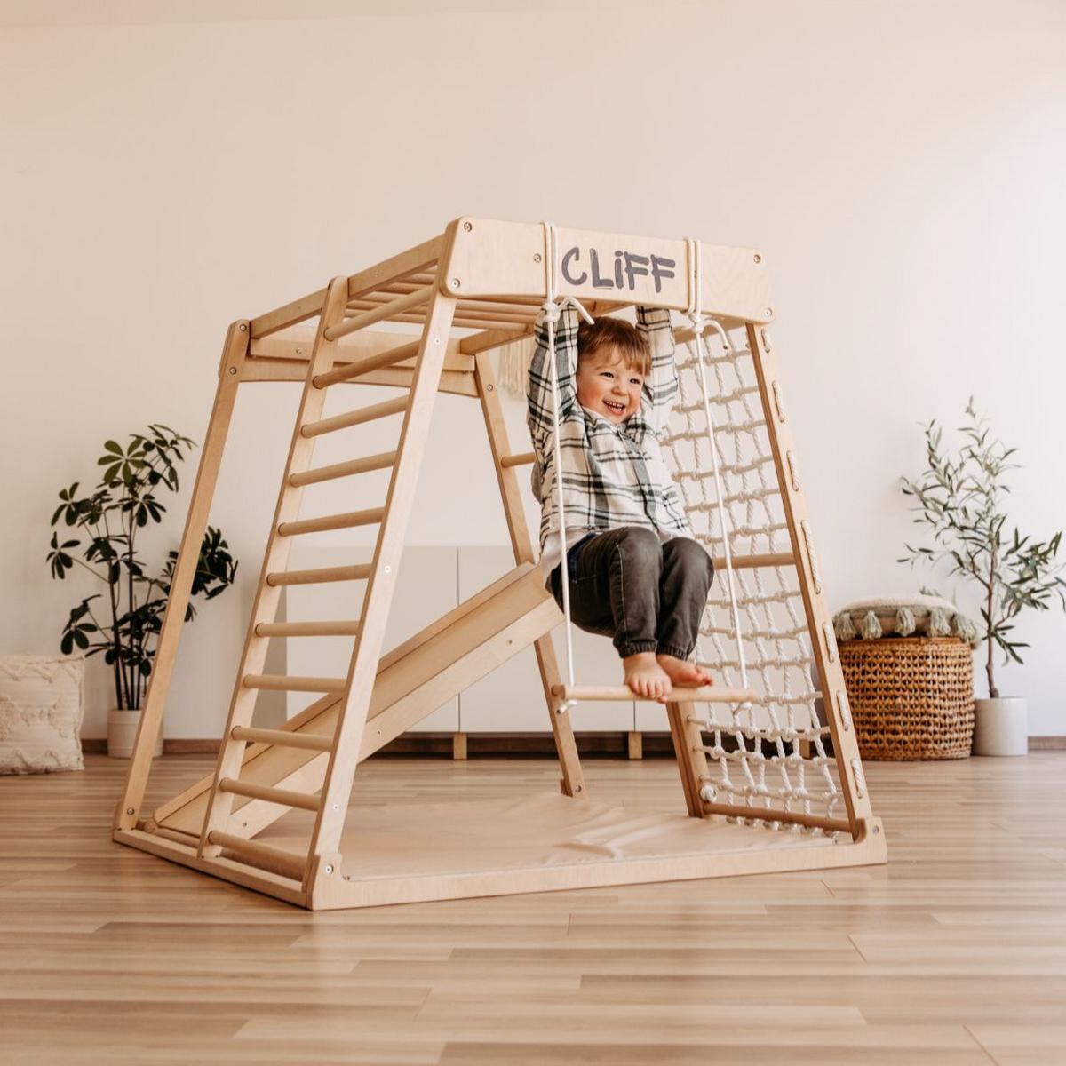 Premium Klettergerüst mit Sicherheitsmatte - Weiß, Basics, Holz (113/115/110cm) - CLIFF