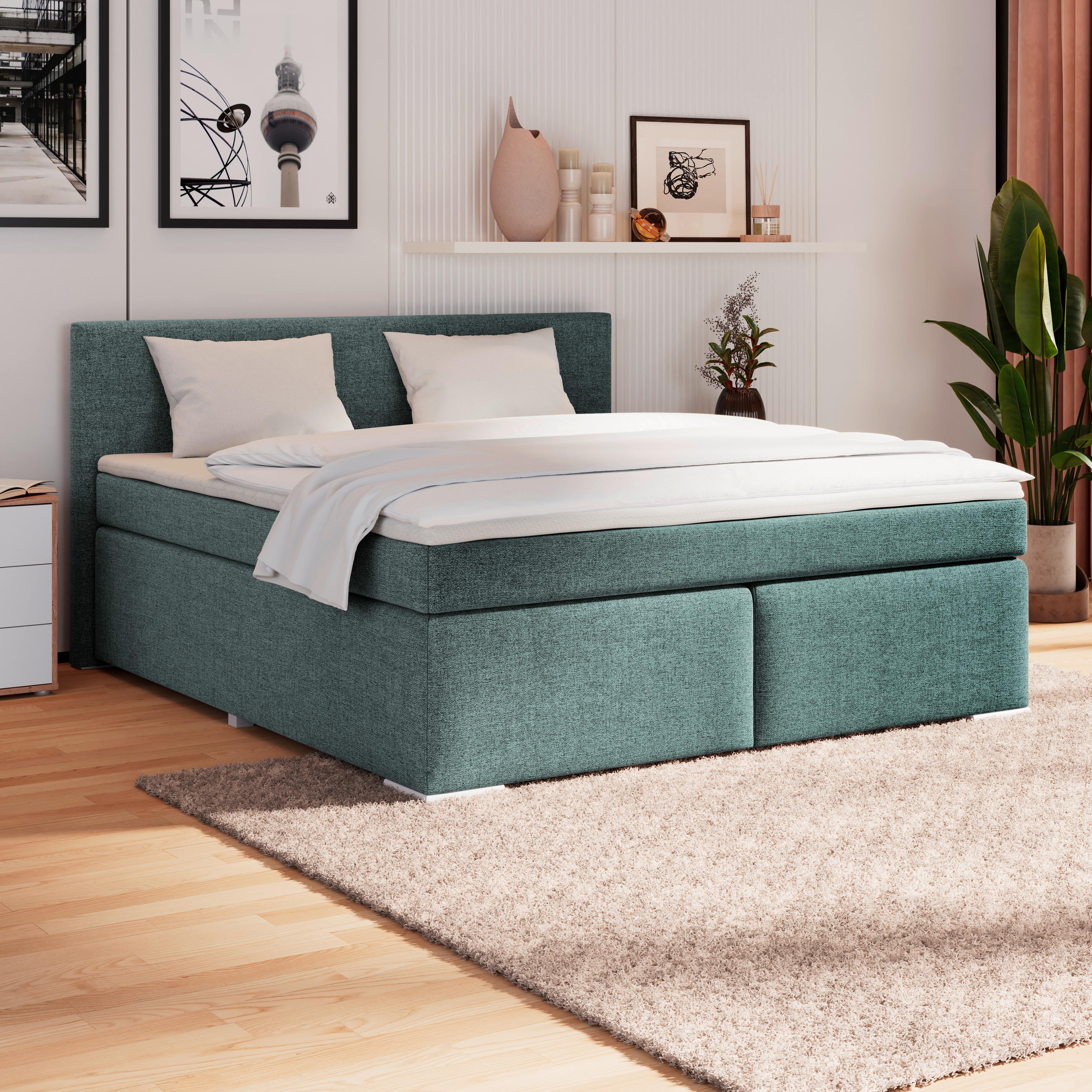 Boxspringbett Mira I Nordic, Lf: 160x200 cm - Blau/Alufarben, Basics, Textil (160/200cm)