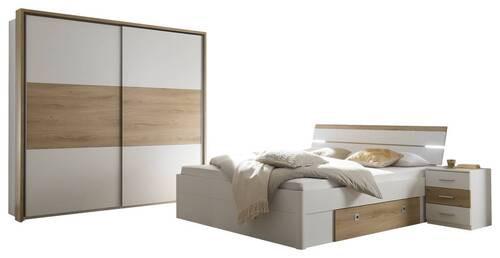 Spálňa Kiara - skriňa, posteľ PL: 180x200cm, 2x nočný stolík - biela/farba duba, Modern, kompozitné drevo - Livetastic