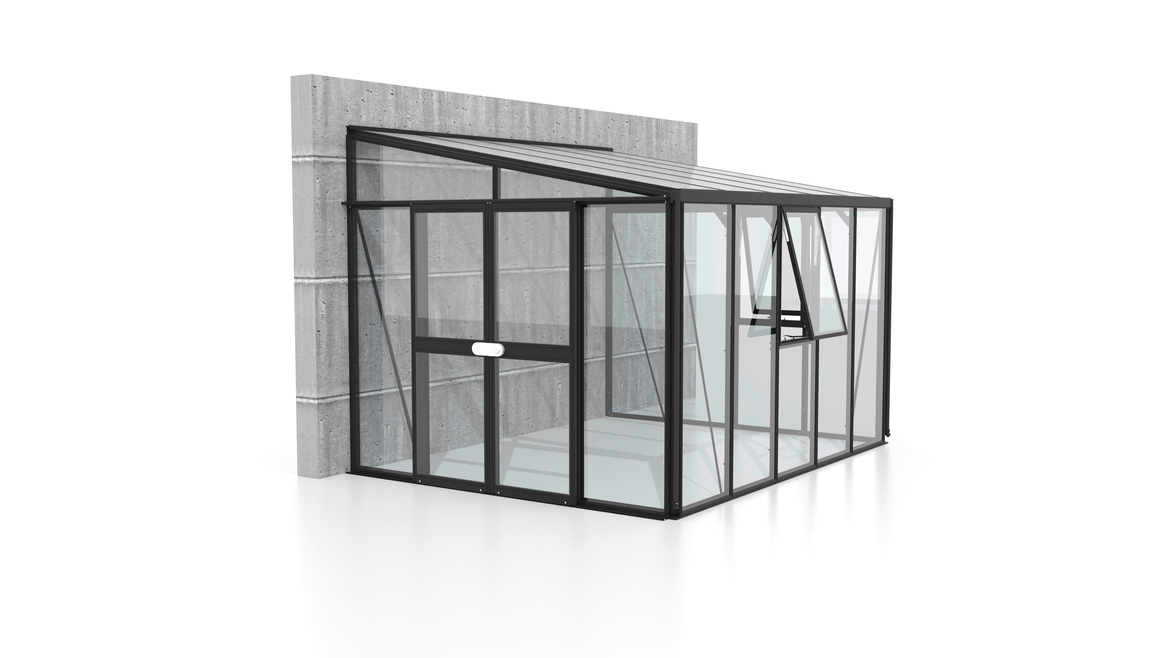 Anlehngewächshaus mit Wänden aus Klarglas und klappbaren Fenstern