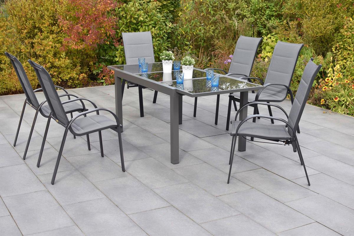 Gartentischgruppe Amalfi 7 -Teilig. Graphitfarben/Grau - Graphitfarben/Grau, KONVENTIONELL, Glas/Textil - Gardenson