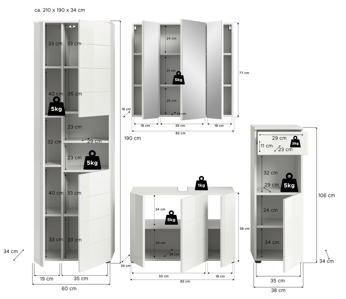 Badezimmer Vira Weiß B: 180 cm - Weiß Hochglanz/Schwarz, MODERN, Holzwerkstoff (180cm) - MID.YOU