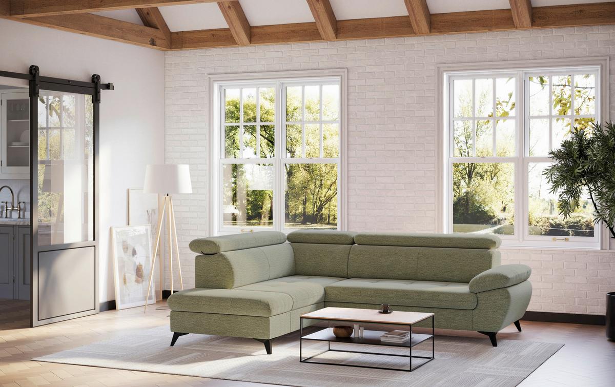 Ecksofa mit Bettfunktion Hudson, Chenille Olivgrün - Schwarz/Olivgrün, KONVENTIONELL, Textil (207/256cm) - Sembella