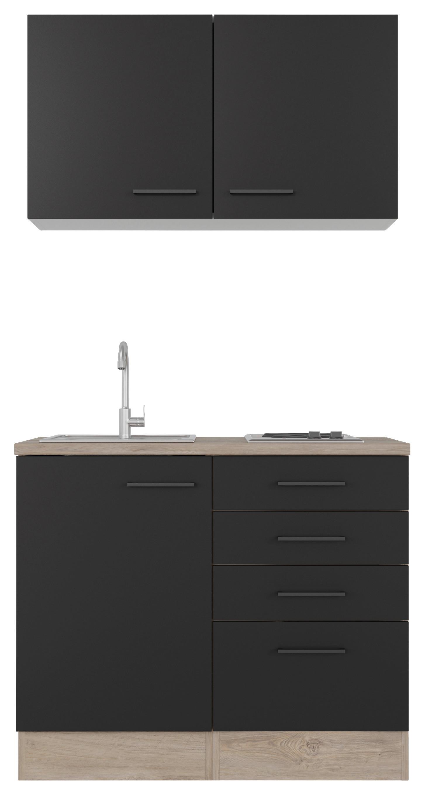 Minikuchyňa CAPRI,šírka 100 cm vrátane drezu a varnej dosky - čierna/farba duba, Modern, kov/kompozitné drevo (100cm) - FlexWell