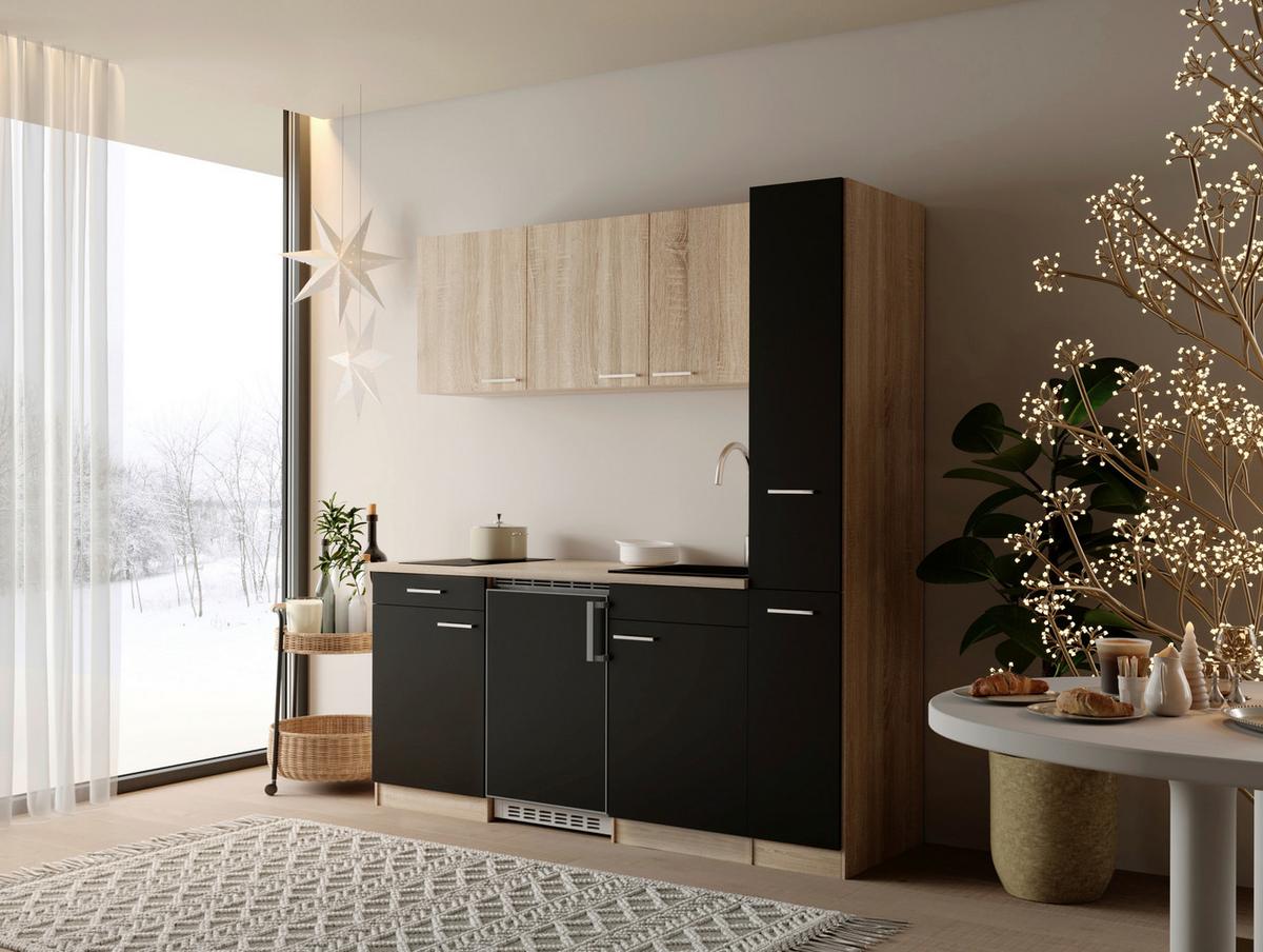 KÜCHENBLOCK Ingrid, Schwarz B: 180 cm - Eichefarben/Schwarz, Design, Holzwerkstoff (180cm) - Respekta