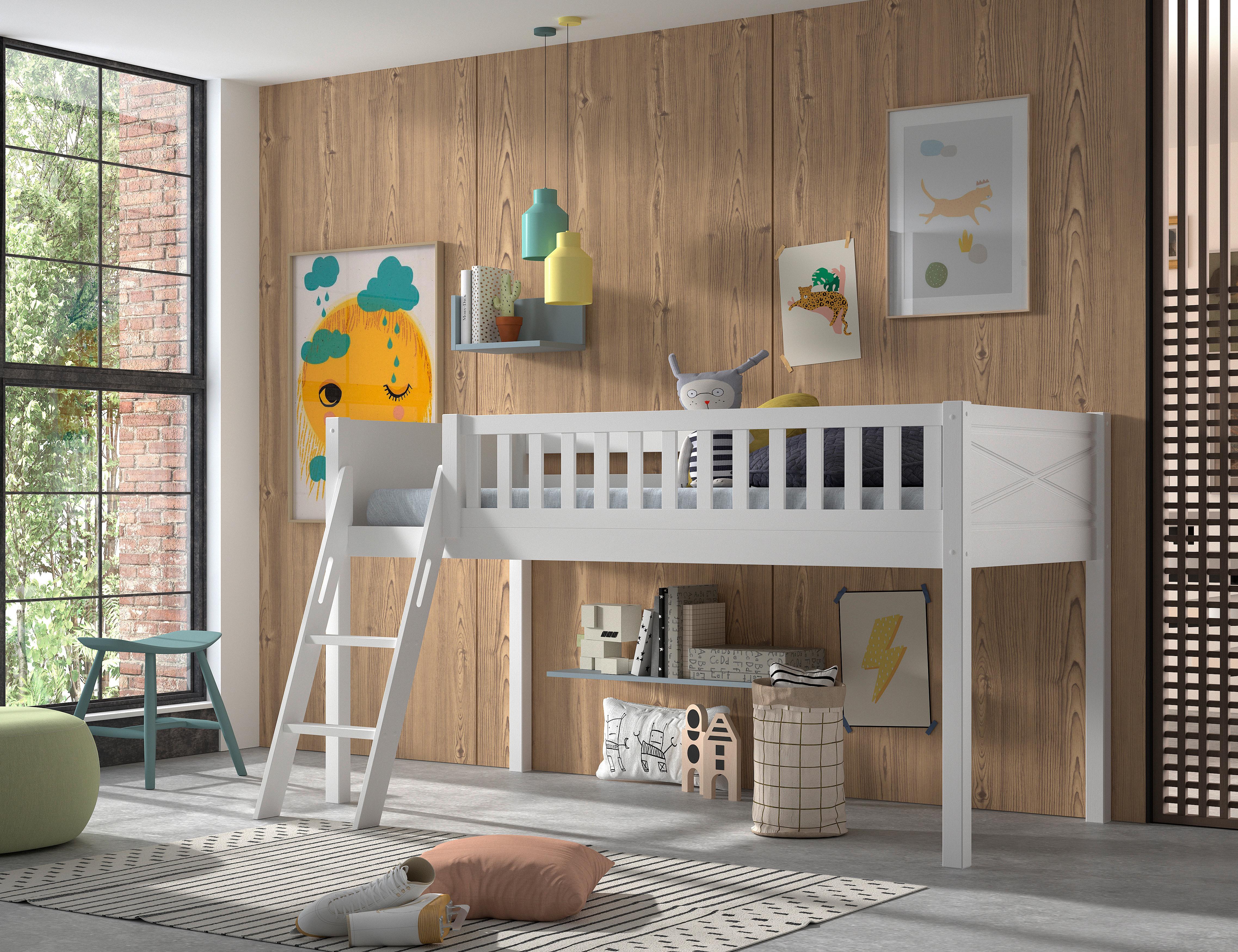 Vyvýšená posteľ s roštom SCOTT, 90x200cm, biela - biela/prírodná farba, Romantik / Landhaus, drevo (90/200cm) - MID.YOU