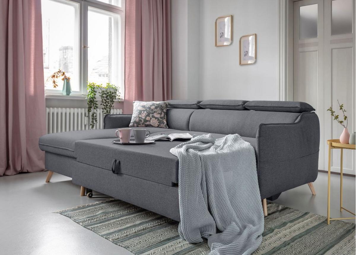Rozkladacia sedačka Simone, ľavé prevedenie - sivá/prírodná farba, Modern, drevo/textil (228/82/95/162cm)