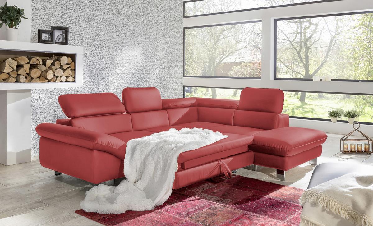 Ecksofa Mit Schlaffunktion Driver Rot Lederlook - Chromfarben/Rot, MODERN, Textil (266/214cm) - MID.YOU