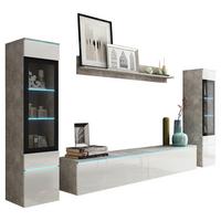 Obývací stěna s LED bílá VL/dekor beton - šedá/vysoce lesklá bílá, Lifestyle, kompozitní dřevo/plast (240/130/33cm) - P & B