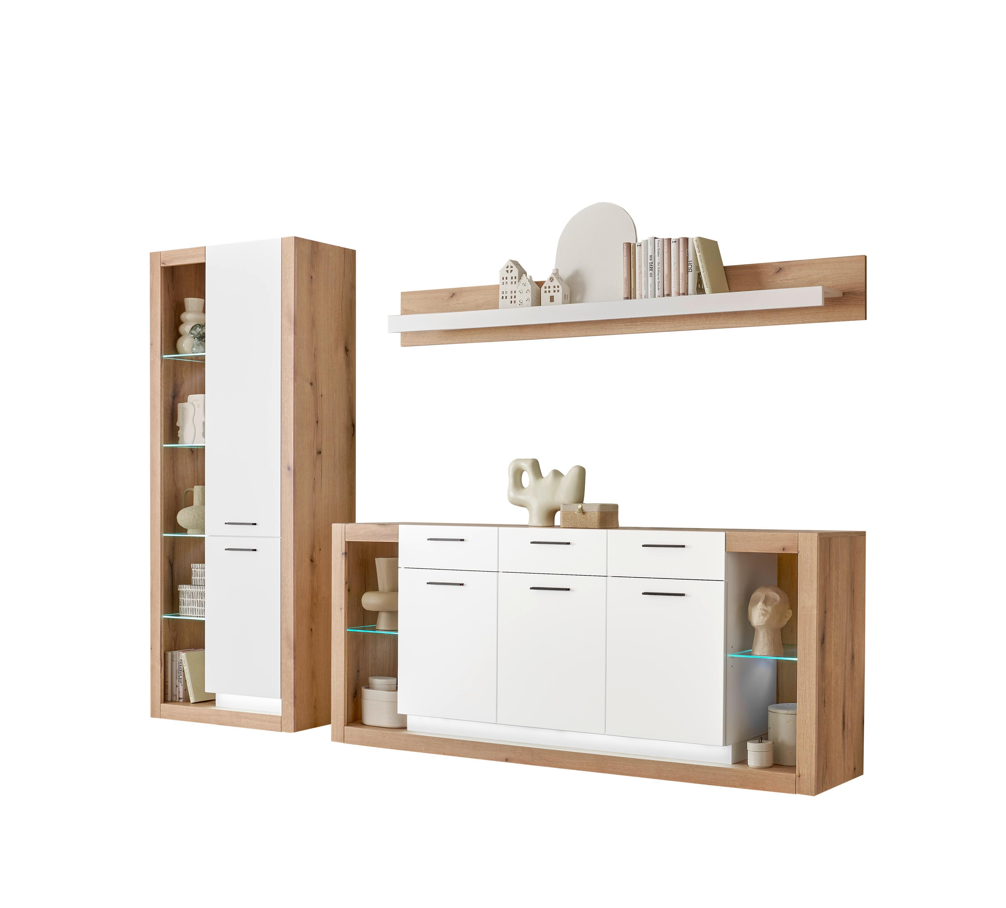 Wohnwand Brixen Weiß/Eichefarben B: 298cm - Eichefarben/Weiß, Design, Glas/Holzwerkstoff (298/195/43cm) - MID.YOU