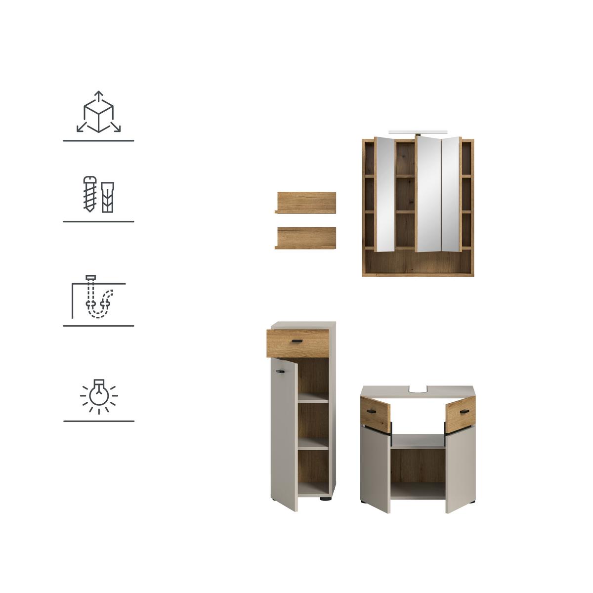 Badezimmer Aqua Kaschmir/Eichefarben B: 92cm - Kaschmir/Eichefarben, Trend, Glas/Holzwerkstoff (92cm) - MID.YOU