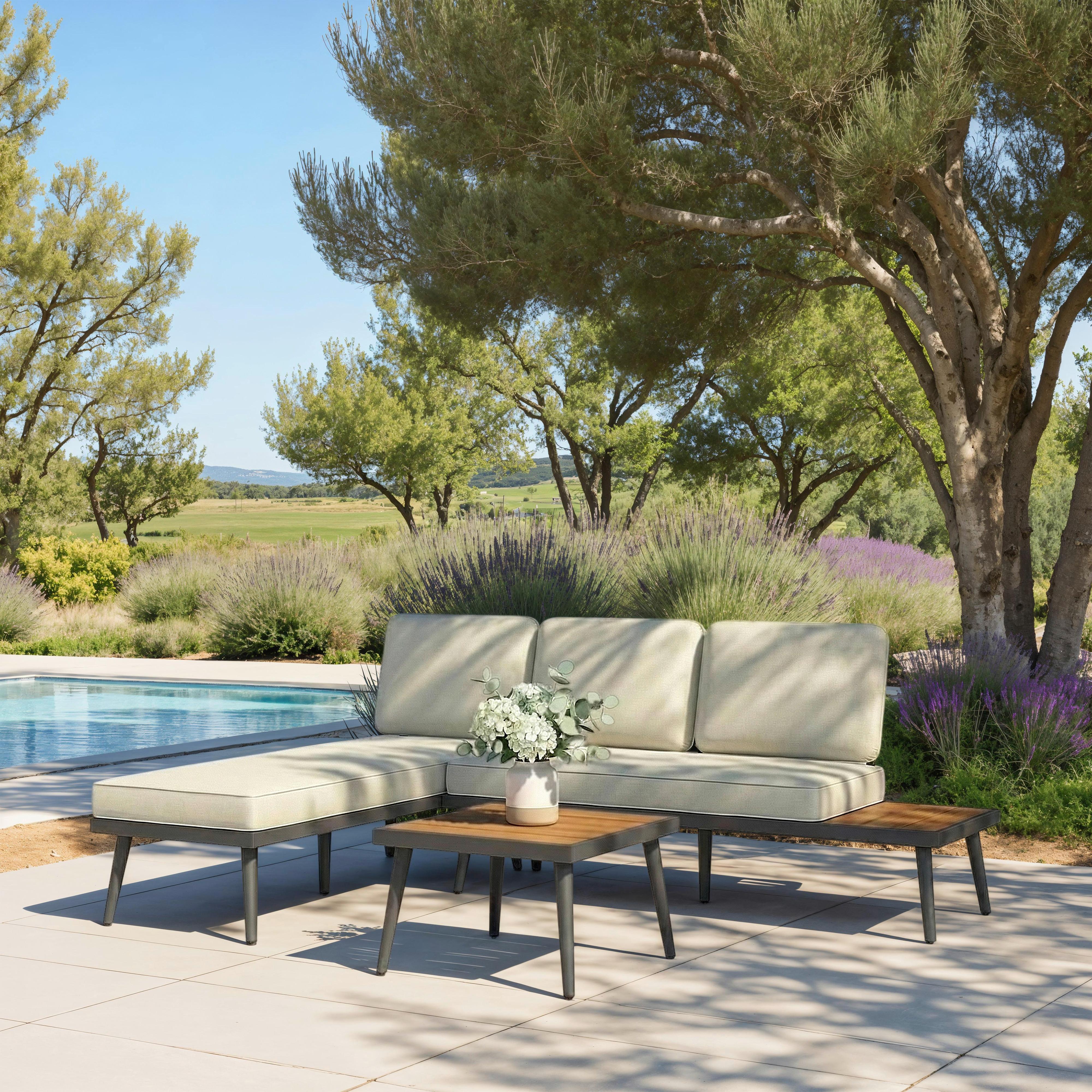 TERASOVÁ SEDACIA SÚPRAVA SALLIE - sivá/prírodná farba, Modern, kov/drevo - Bessagi Garden