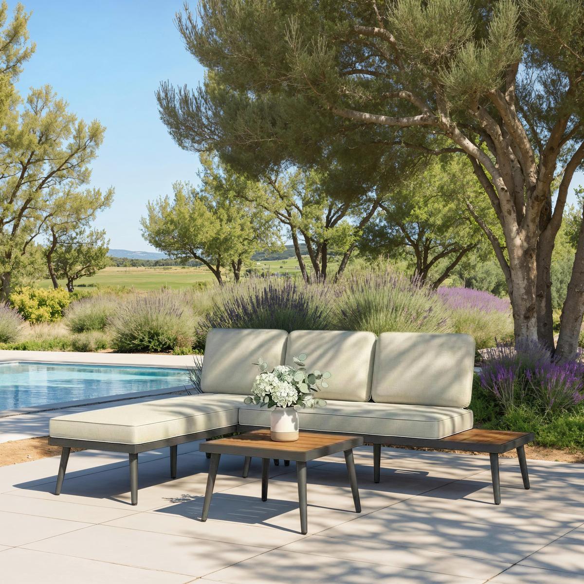 TERASOVÁ SEDACIA SÚPRAVA SALLIE - sivá/krémová, Modern, kov/drevo - Bessagi Garden