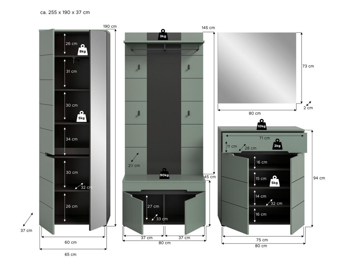 Garderobe Canu 5-Teilig Grau/Grün B: 255 cm - Graugrün/Grau, Design, Holzwerkstoff (255/190/37cm) - Livetastic