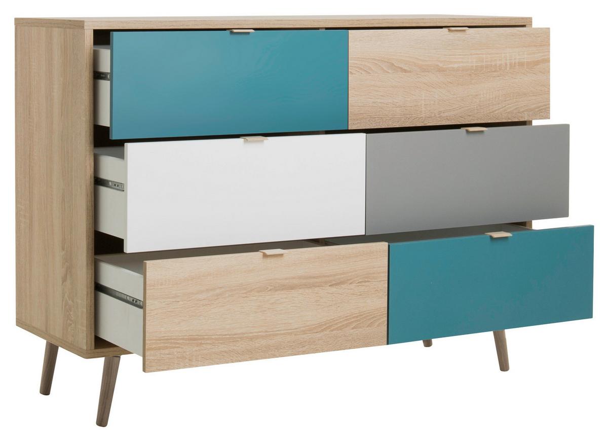 Kommode B 120cm Cuba 3-trend, Eiche Dekor/grau, Weiß, Petrol - Eichefarben/Petrol, Trend, Holzwerkstoff (120/85/40cm) - MID.YOU