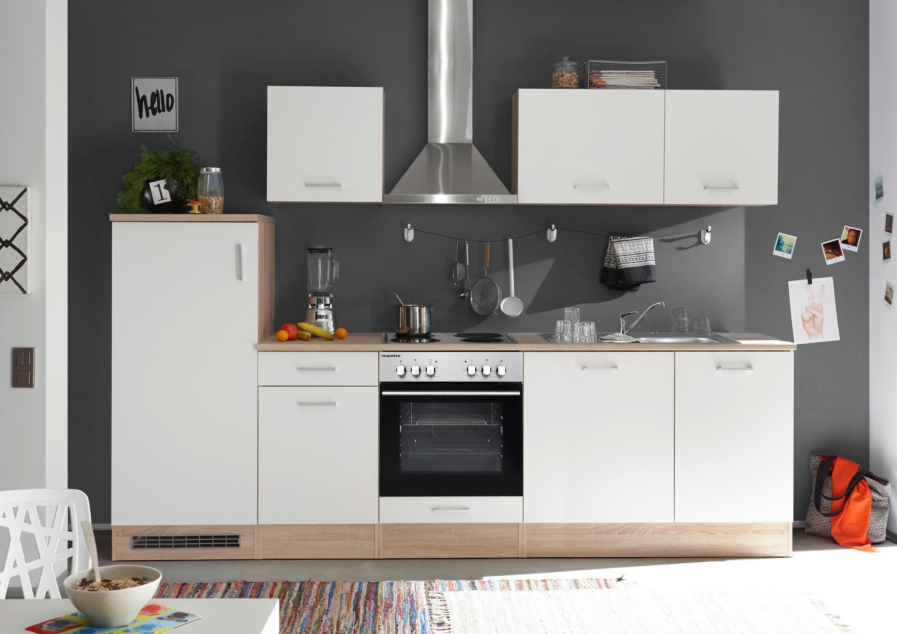 Küchenzeile Economy mit Geräten 280 cm Weiß/Eiche Dekor Modern - Eichefarben/Weiß, Basics, Holzwerkstoff (280cm) - Respekta