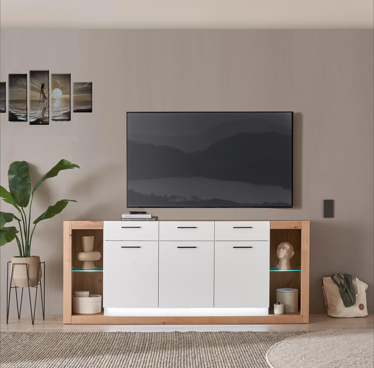 Sideboard Brixen Weiß/Eichefarben B: 198cm - Eichefarben/Weiß, Design, Glas/Holzwerkstoff (198/83/43cm) - MID.YOU