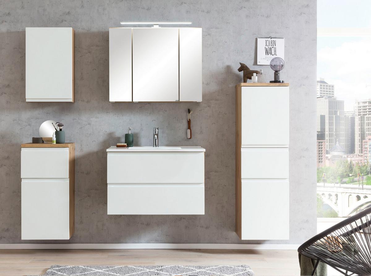 Midischrank Bad Varese B: 40 cm Weiß/Wotaneiche Dekor - Eiche Wotan/Weiß, MODERN, Holzwerkstoff (40/130/35cm) - Held