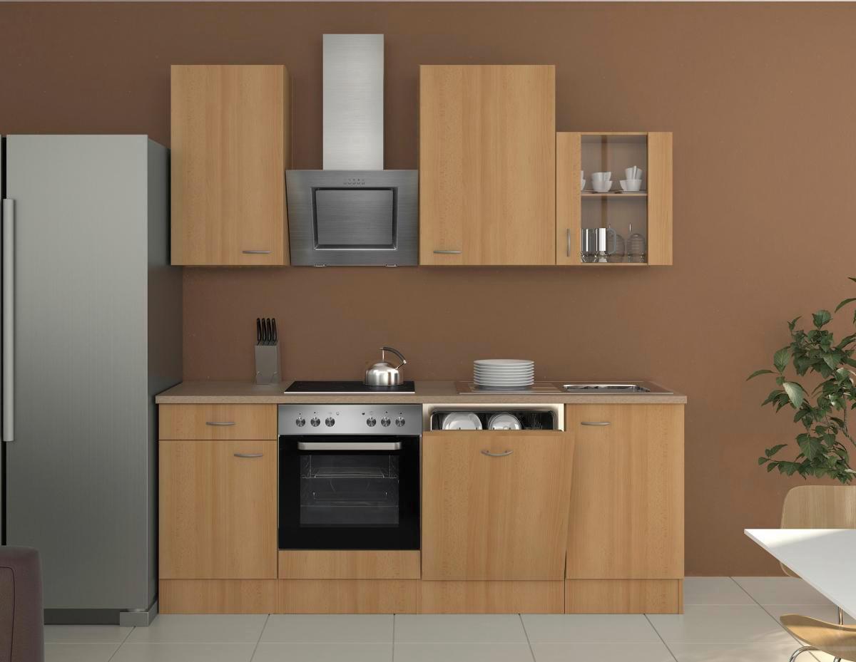 Küchenzeile Nano mit Geräten 220 cm Creme/Buche Dekor - Beige/Buchefarben, MODERN, Glas/Holzwerkstoff (220cm) - FlexWell