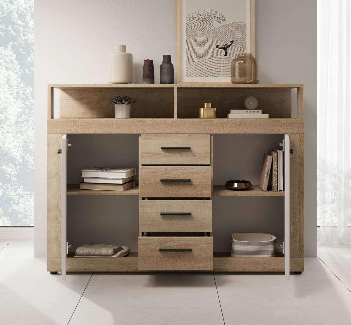Kommode Lupo Eiche Dekor Weiß B: 119 Cm - Weiß/Sonoma Eiche, Design, Holzwerkstoff (119/96/32cm) - MID.YOU