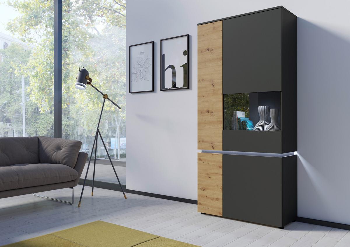 Vitrine Luci Grau Eiche Artisan/grau B: 90,4 Cm - Schwarz/Eiche Artisan, Trend, Glas/Holzwerkstoff (90,4/199/40cm) - MID.YOU