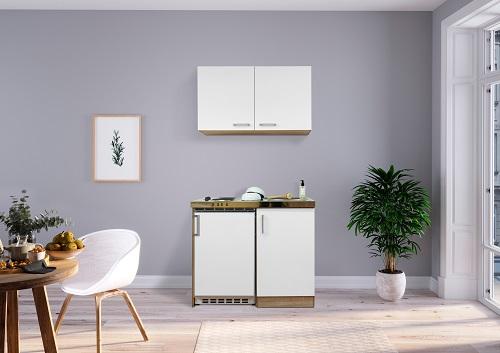 Miniküche mit Kühlschrank + Kochfeld 100 cm Weiß/Eiche - Edelstahlfarben/Eichefarben, MODERN, Holzwerkstoff/Metall (100cm) - Respekta