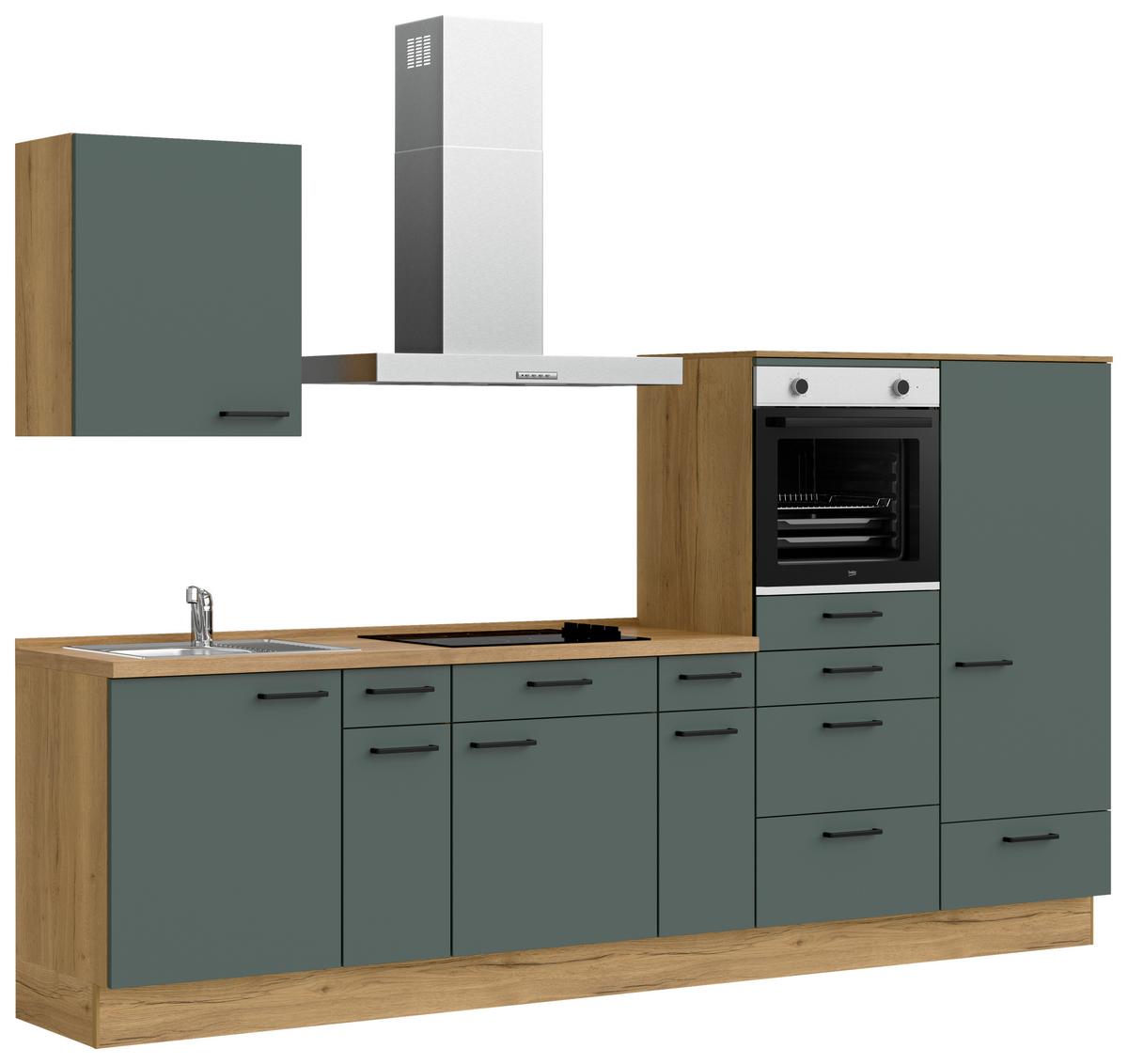 Kuchyňská linka 300 cm, minerální zelená,ultra matná - barvy dubu/černá, Moderní, kov/kompozitní dřevo (300cm) - Nobilia