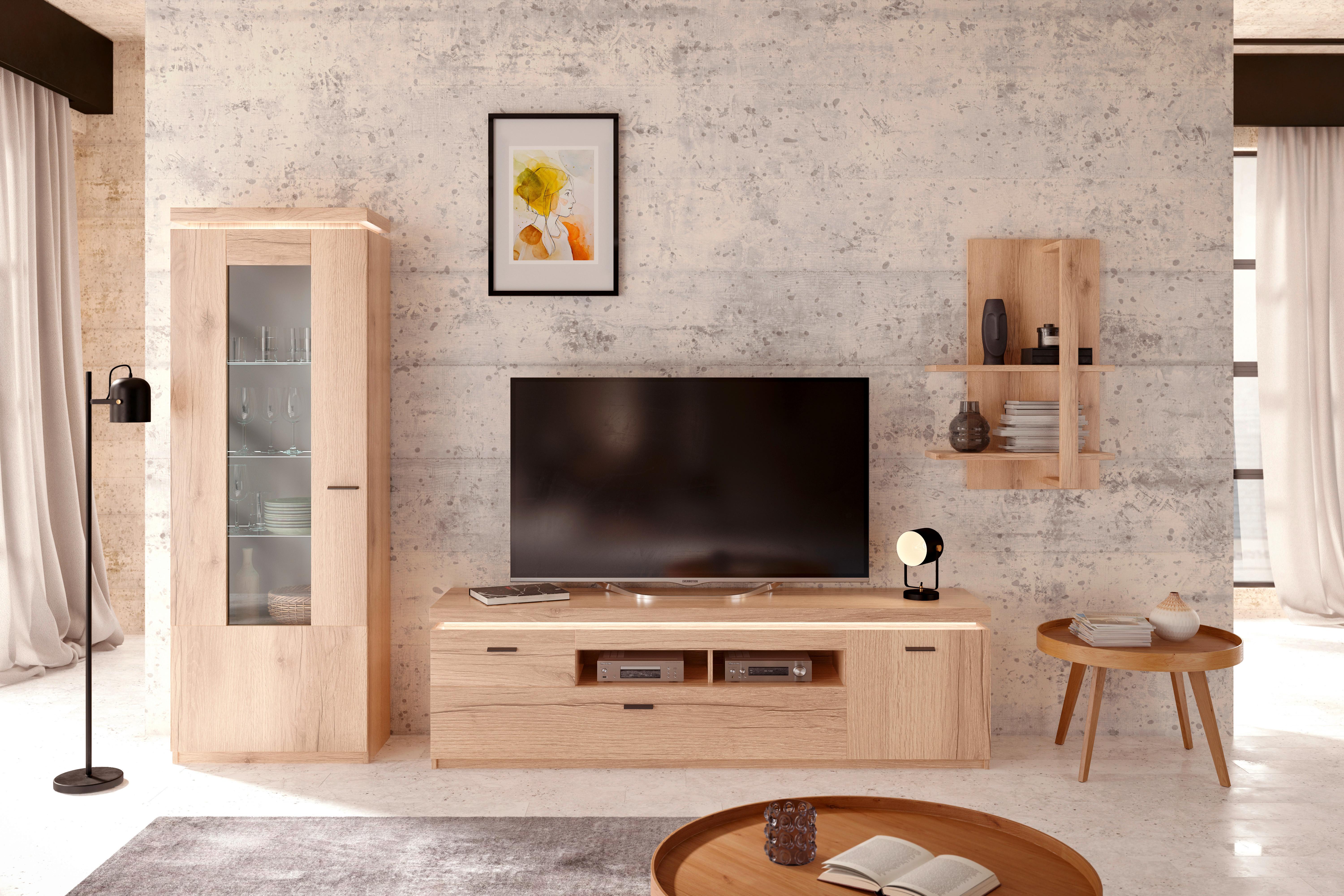 Wohnkombination Modern 3 -teilig. Mit Led Vancouver, Eiche Dekor - Eichefarben, MODERN, Glas/Holzwerkstoff (266/198/44cm)