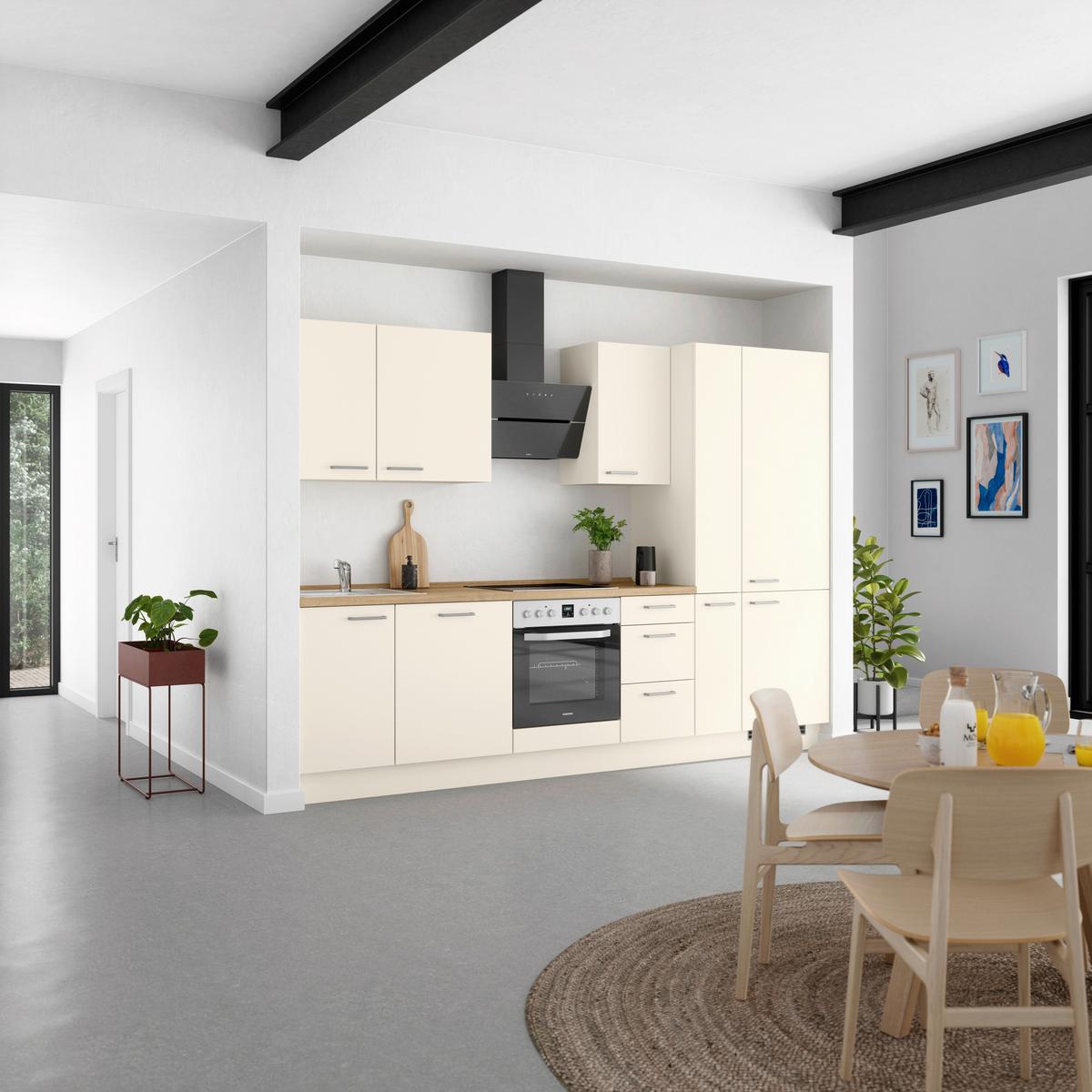 Kuchyňská linka 300 cm, magnoliová supermatná - barvy dubu/magnolie, Moderní, kov/kompozitní dřevo (300cm) - Nobilia