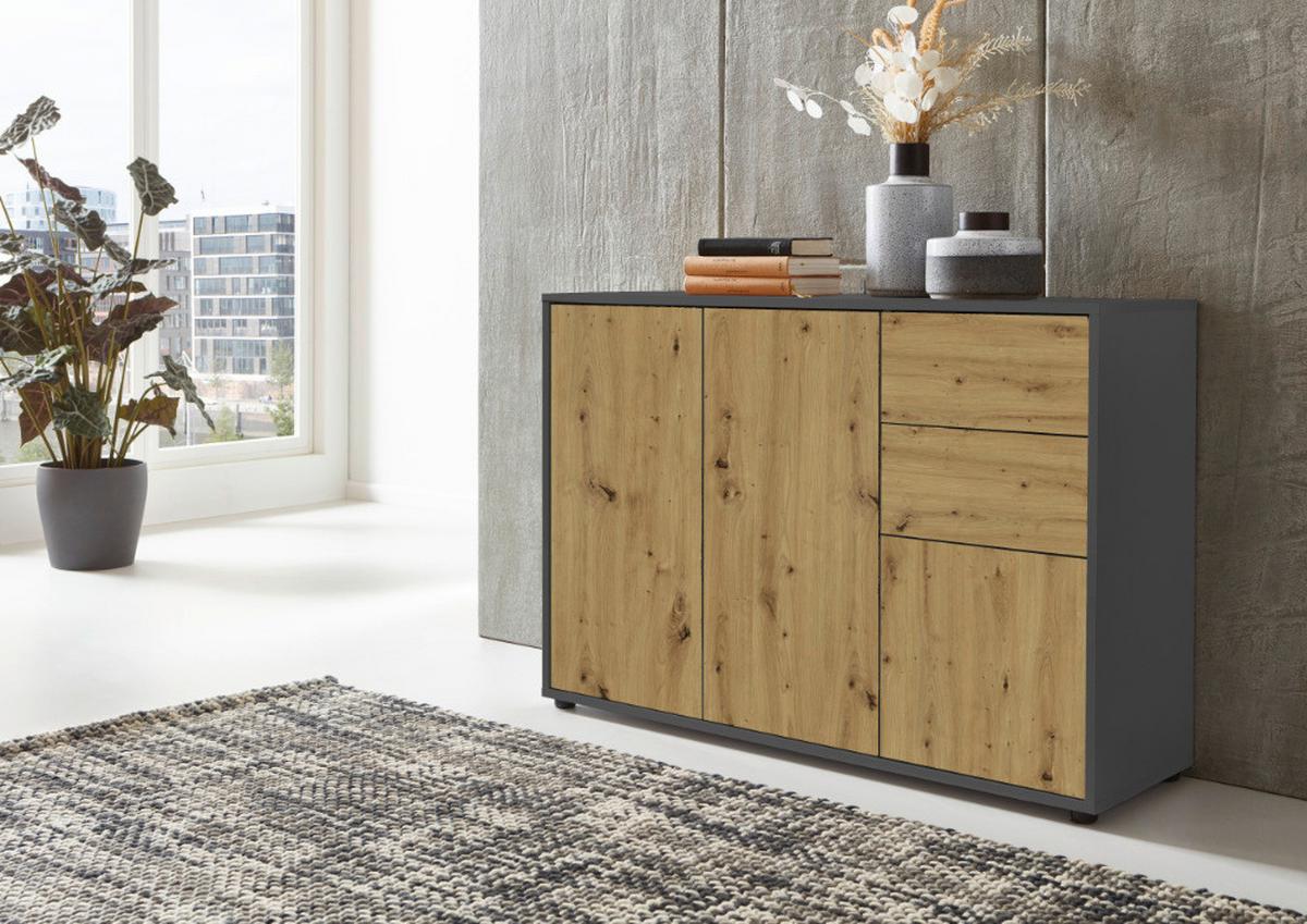 Sideboard Mailand Anthr./eiche Dekor B: 263,5cm - Anthrazit/Schwarz, MODERN, Holzwerkstoff (263,5/73/33cm) - MID.YOU