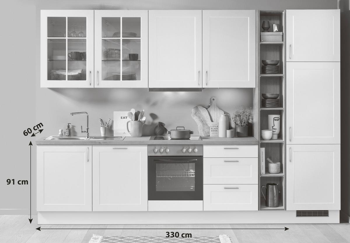 Küchenzeile Ip 4250 Ohne Geräte 330 Cm Weiß/eiche Dekor - Weiß, Basics, Holzwerkstoff (330cm) - Impuls