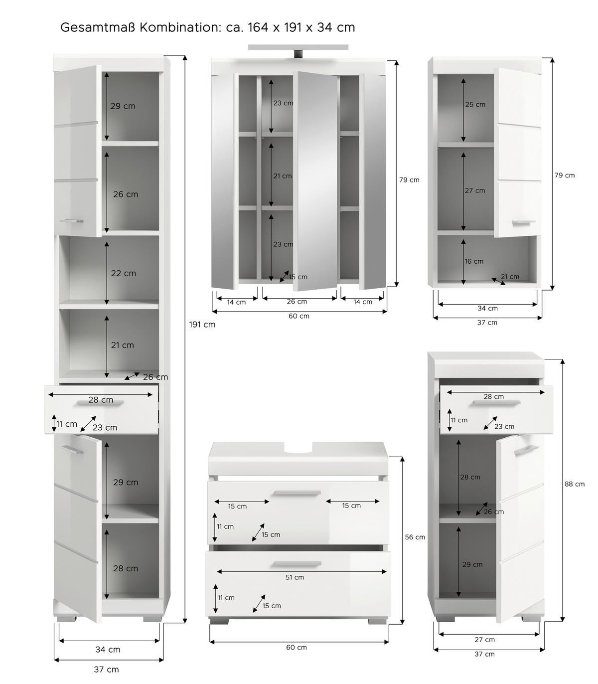 Badezimmer Scout Weiß B: 134 cm - Weiß Hochglanz/Silberfarben, MODERN, Glas/Holzwerkstoff (134cm) - MID.YOU