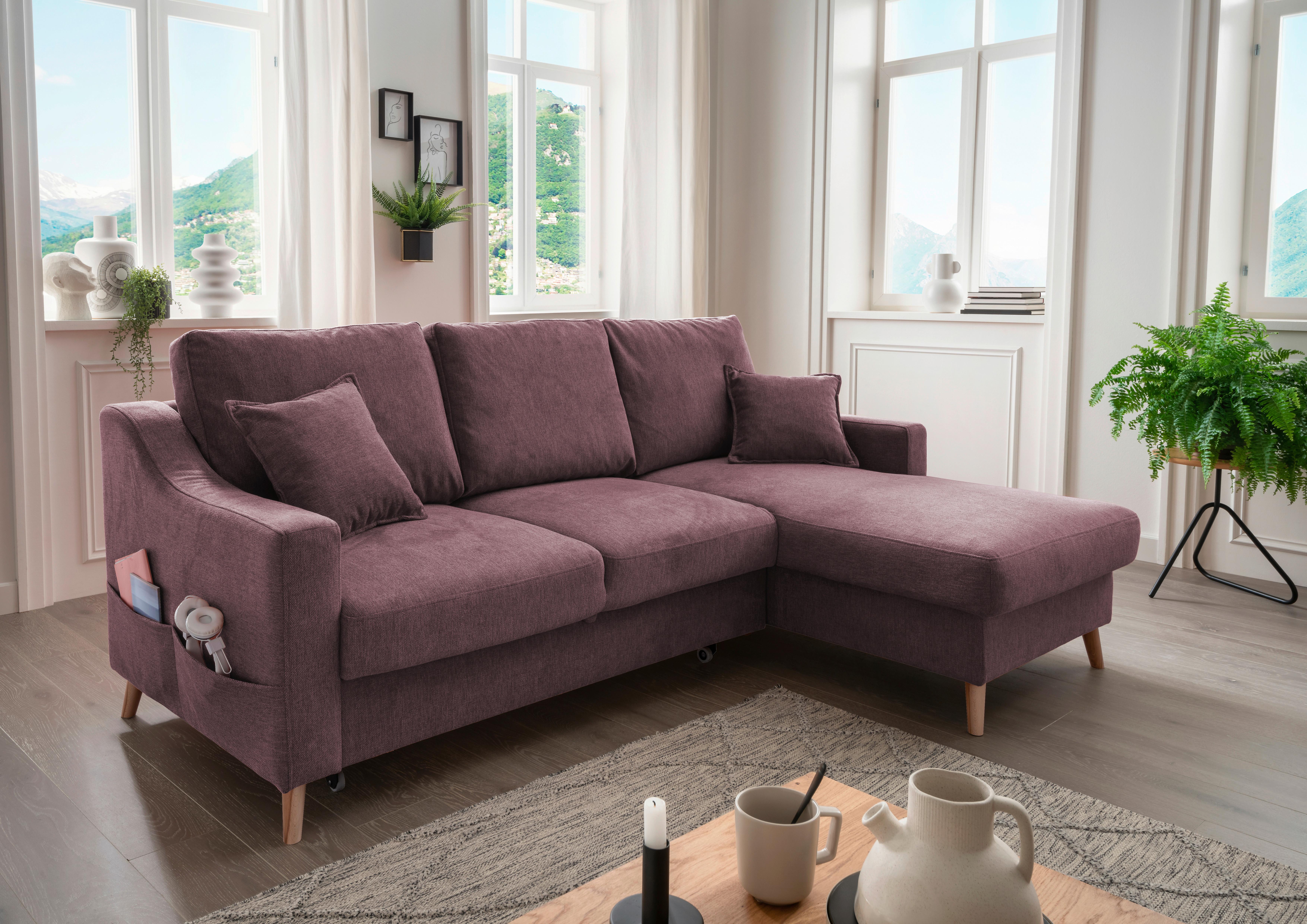 Ecksofa mit Schlaffunktion Valentina mit Kissen Bordeaux - Bordeaux/Naturfarben, KONVENTIONELL, Textil (228/150cm) - P & B
