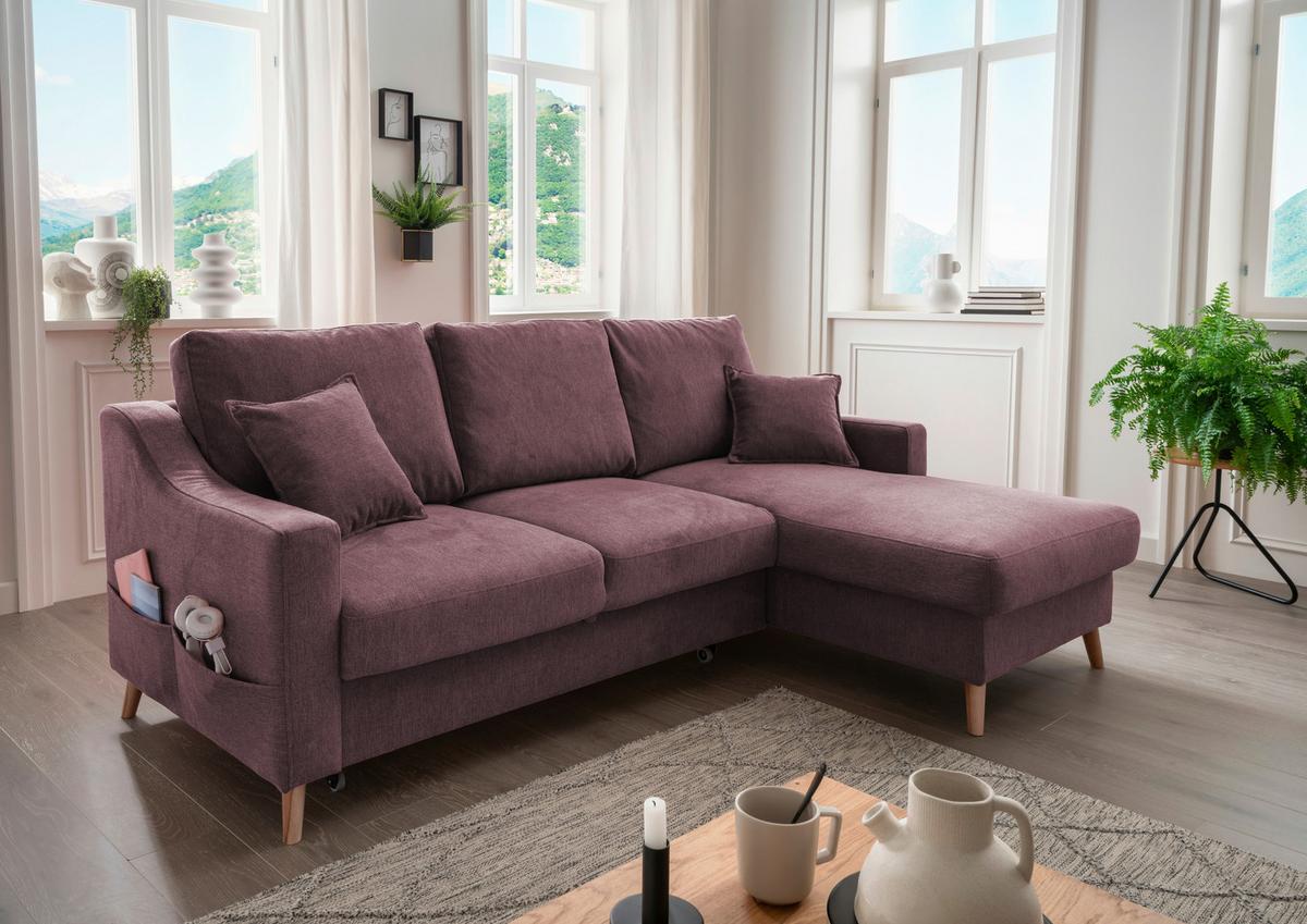 Ecksofa mit Schlaffunktion Valentina mit Kissen Bordeaux - Bordeaux/Naturfarben, KONVENTIONELL, Textil (228/150cm) - P & B