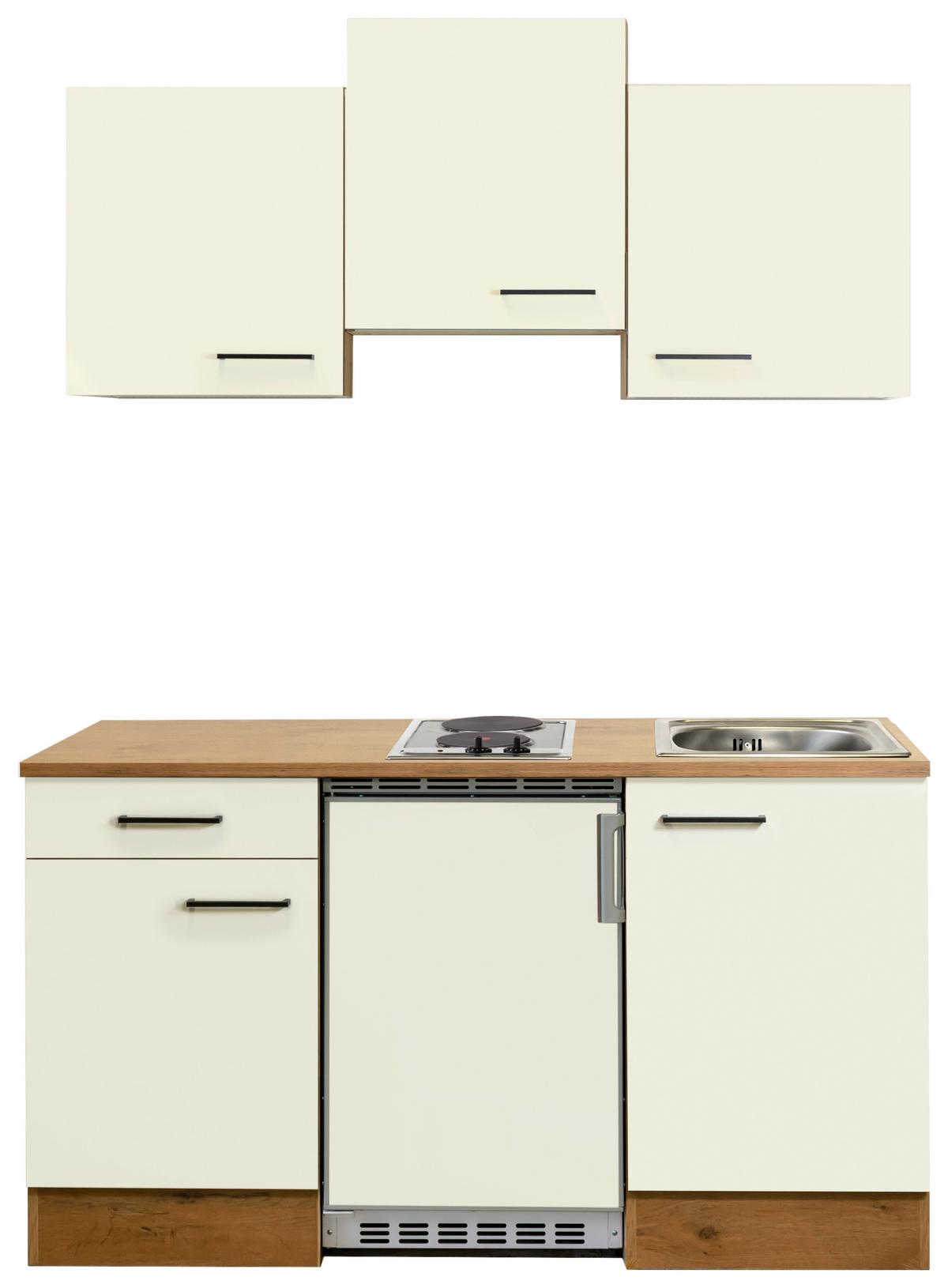 Minikuchyně AVILA, š.150 cm včetně spotřebiču a dřezu - barvy dubu/černá, Basics, kov/kompozitní dřevo (150,5cm) - FlexWell