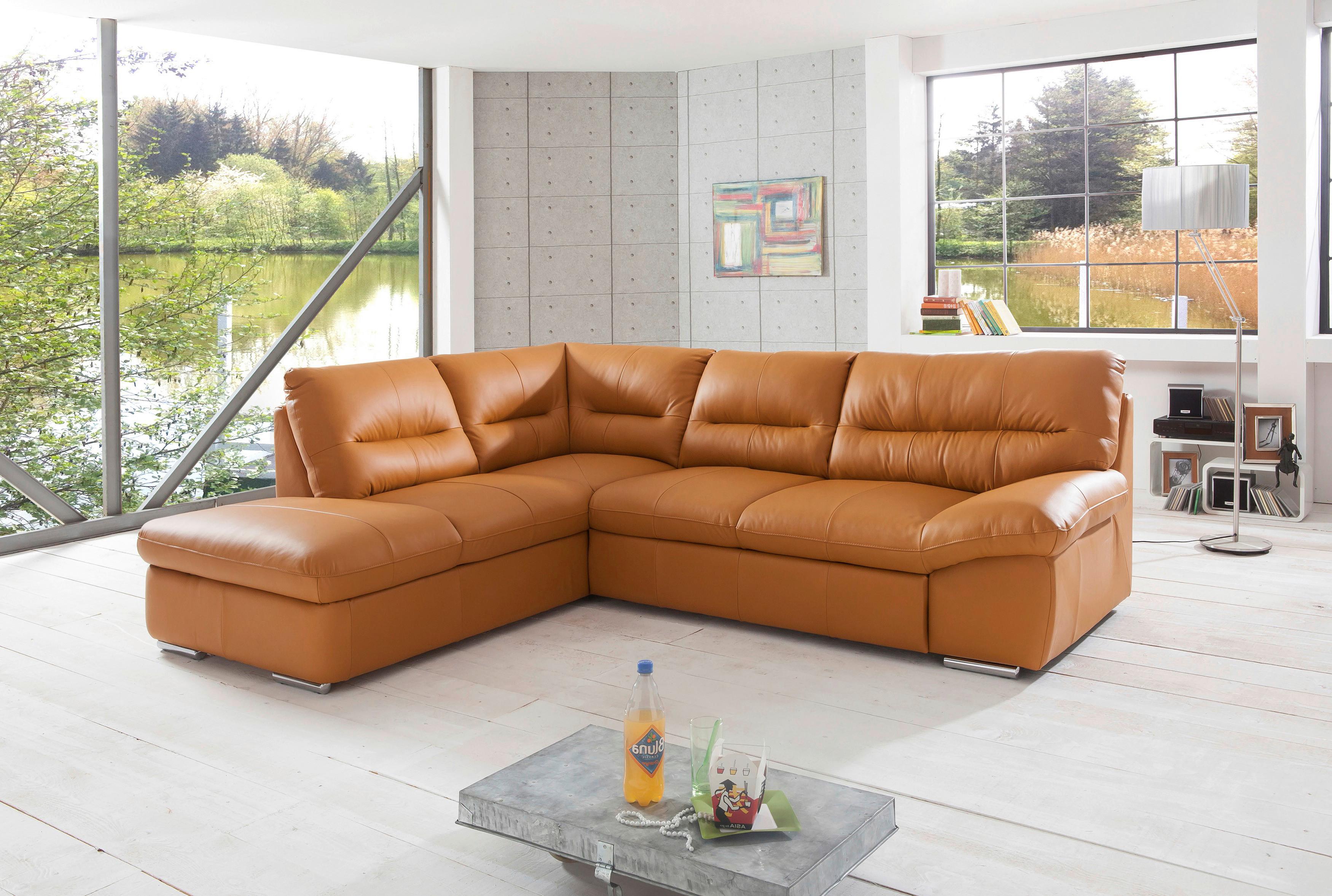 Ecksofa William, Cognac S: 216x268 Cm - Chromfarben/Cognac, Design, Leder (216/268cm) - Livetastic