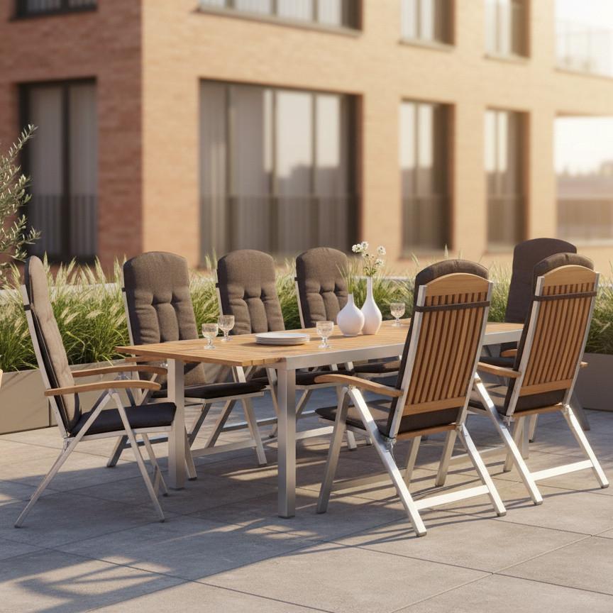 Gartengarnitur 9-tlg. Keros Holz/metall Mit Kissen - Silberfarben/Naturfarben, ROMANTIK / LANDHAUS, Holz/Textil (180-240/74/100cm) - Gardenson