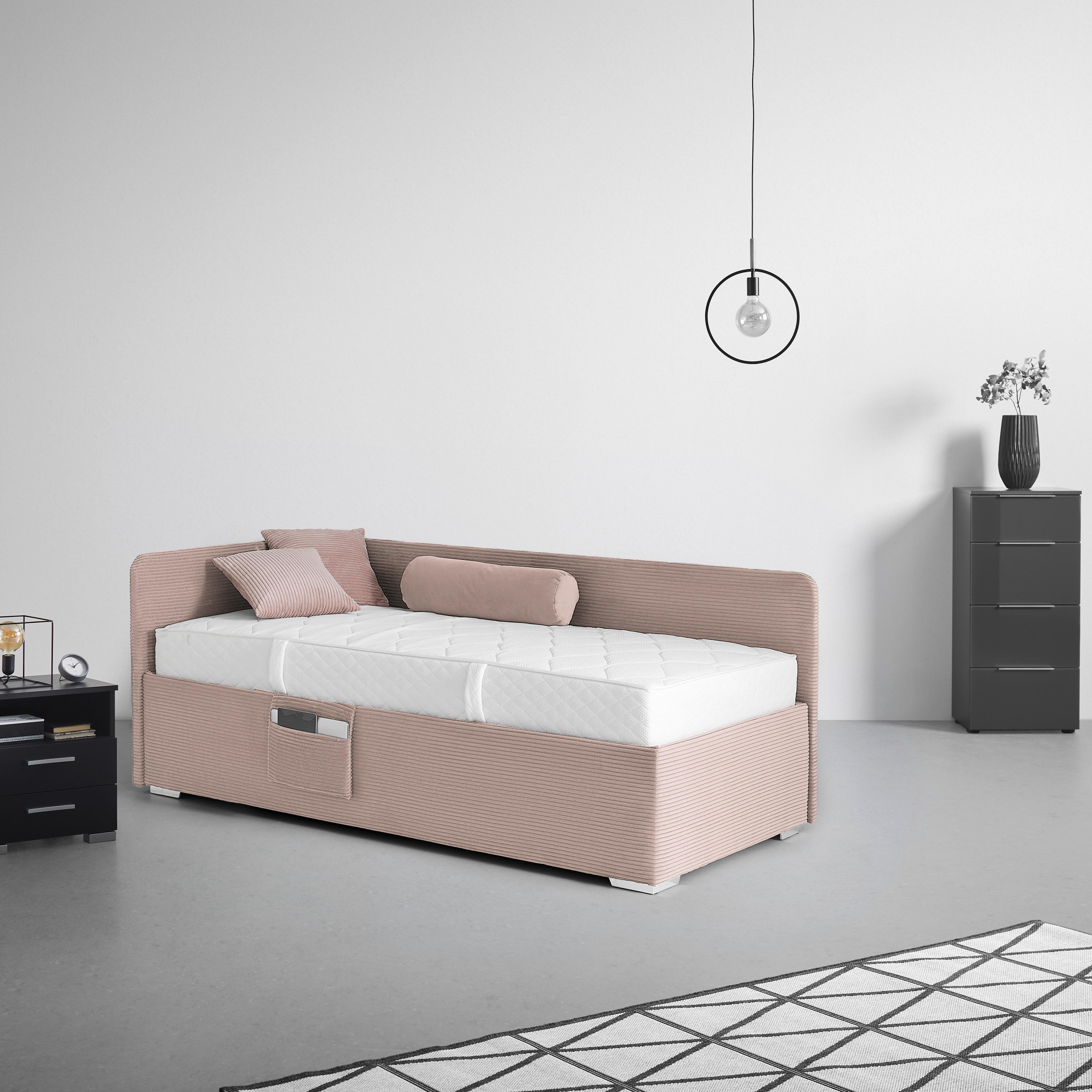 Posteľ Remi s bočnicami 90x200, poťah ružový - pink/prírodná farba, Konventionell, drevo/textil (90/200cm)