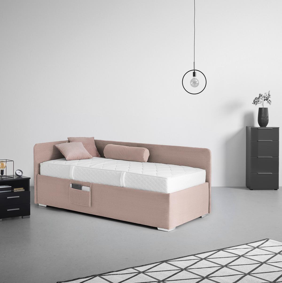 Posteľ Remi s bočnicami 140x200, poťah ružový - pink/prírodná farba, Konventionell, drevo/textil (140/200cm)