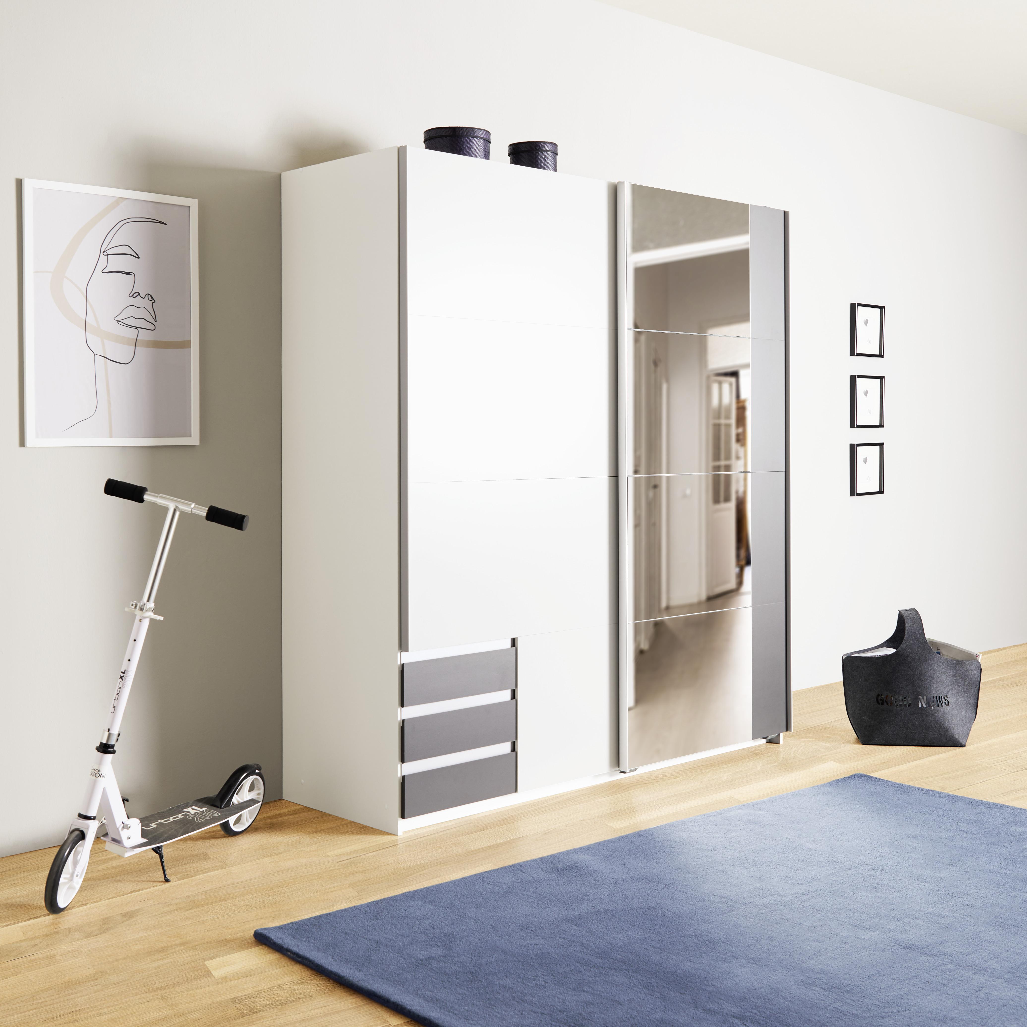 Schwebtürenschrank mit Laden + Spiegel 180 cm Emden, Weiß - Graphitfarben/Weiß, MODERN, Holzwerkstoff (180/198/64cm)