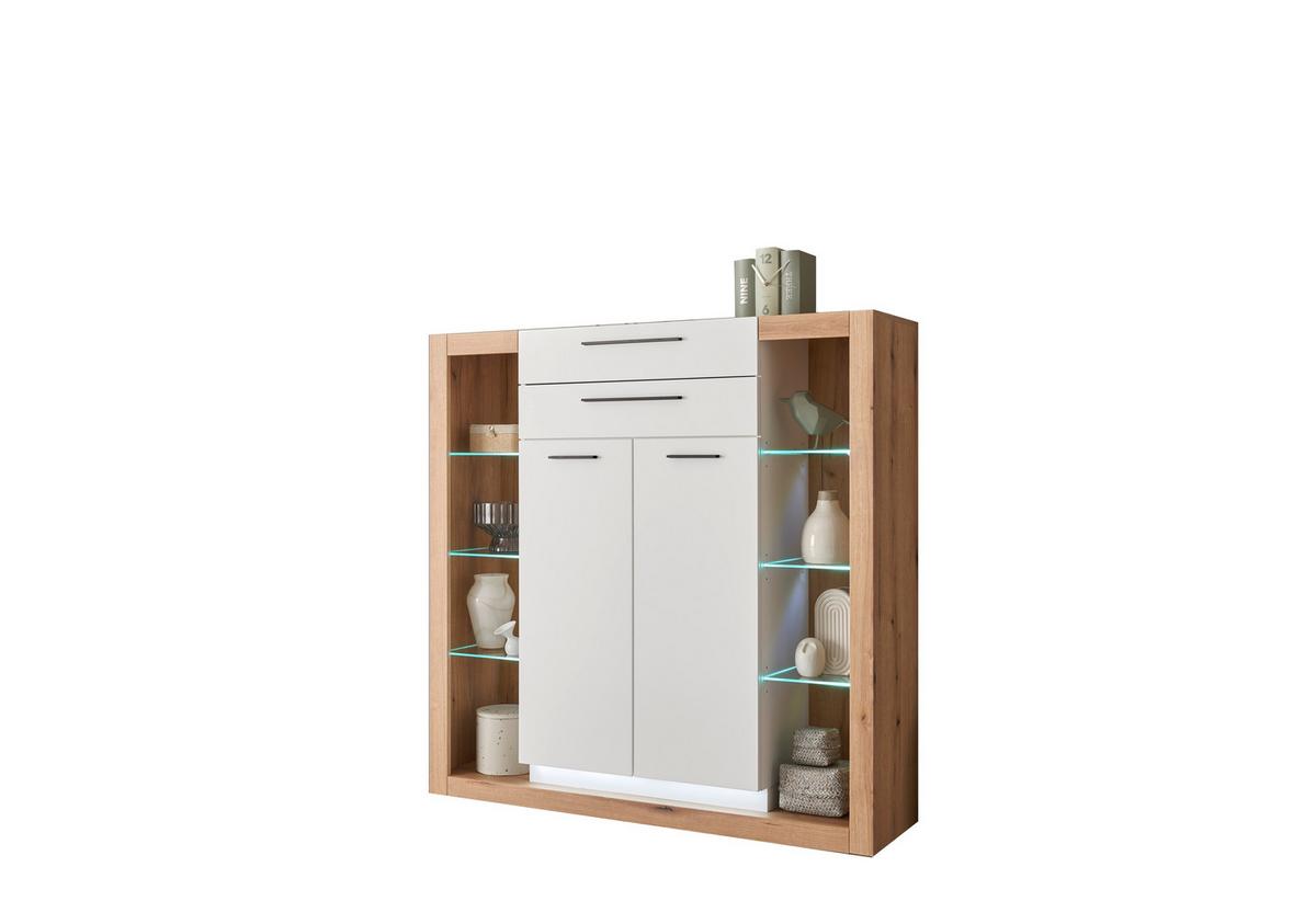 Highboard Brixen Weiß/Eichefarben B: 141cm - Eichefarben/Weiß, Design, Glas/Holzwerkstoff (141/139/37cm) - MID.YOU