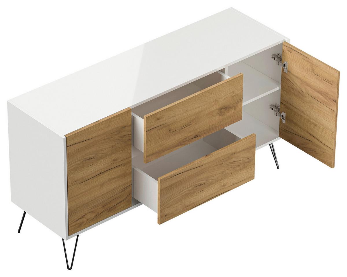 Sideboard Posseik Industrial Weiß/Eichefarben B: 139 cm - Eichefarben/Weiß Hochglanz, Design, Holzwerkstoff (139/75,8/42cm) - MID.YOU