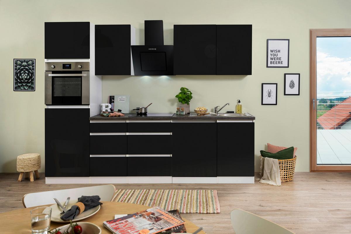 Küchenzeile Premium mit Geräten 280 cm Weiß/Schwarz Hochglanz - Schwarz/Weiß, MODERN, Holzwerkstoff (280cm) - Respekta