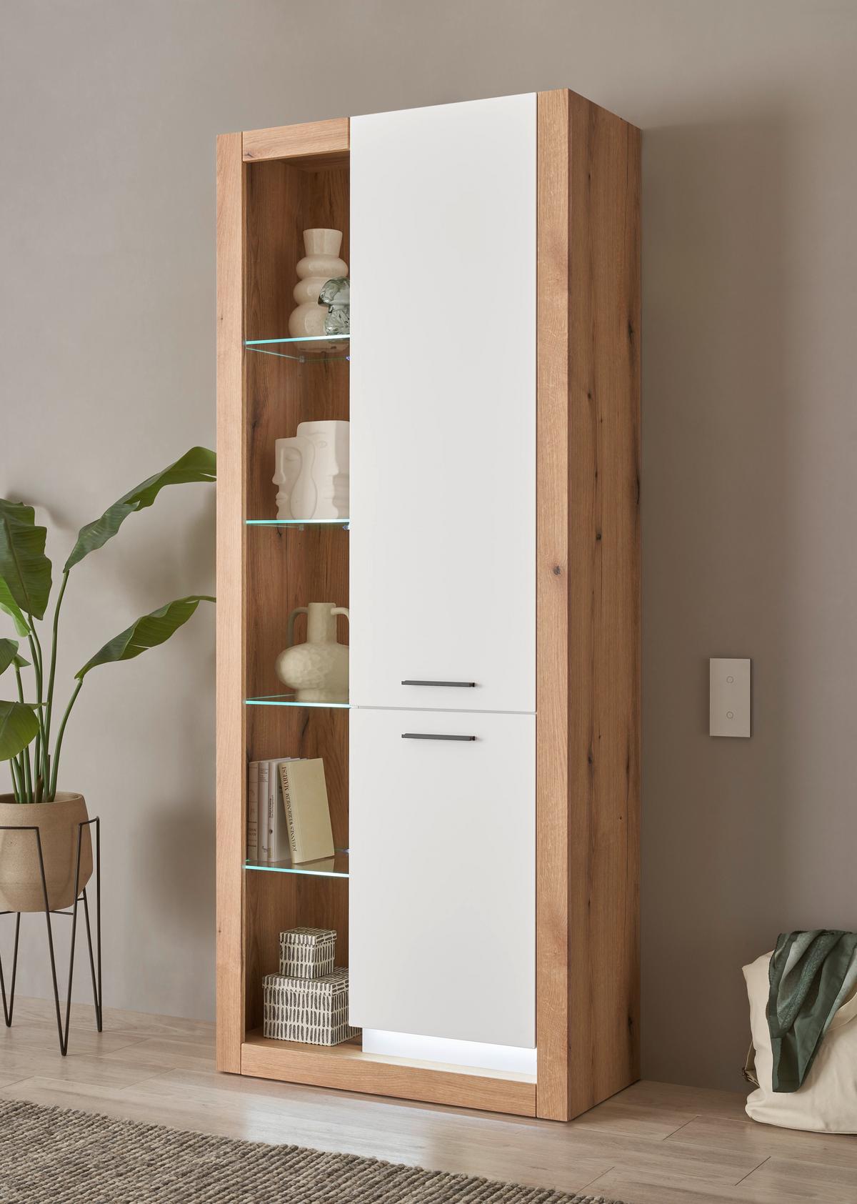 Mehrzweckschrank Brixen Weiß/Eichefarben B: 80cm - Eichefarben/Schwarz, Design, Glas/Holzwerkstoff (80/195/37cm) - MID.YOU