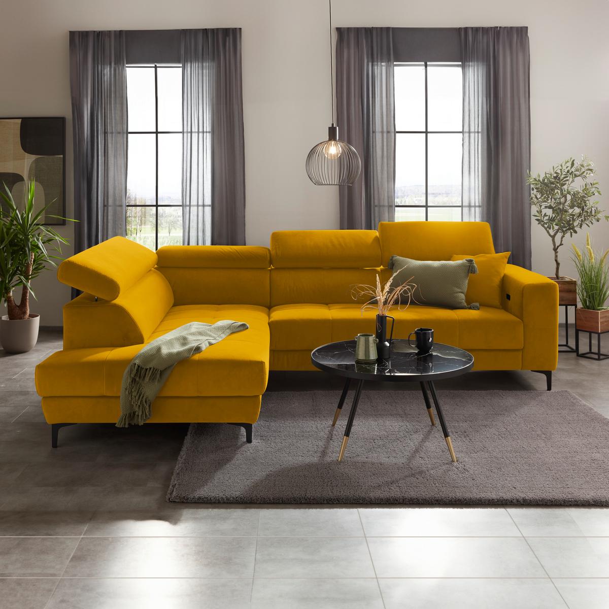 Rohová sedačka EMMA, levá, žlutá,op.hl.,USB,el.výsuv - černá/žlutá, Moderní, textil (210/301cm) - Premium Living